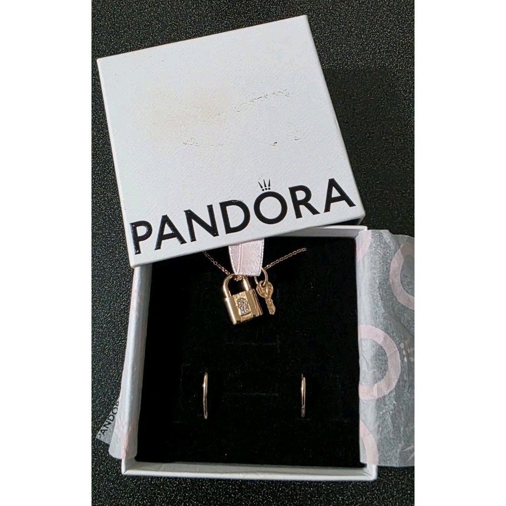NEW PANDORA 14k Rose Gold Padlock & Key Dangle Charm Heart Earrings Diamonds